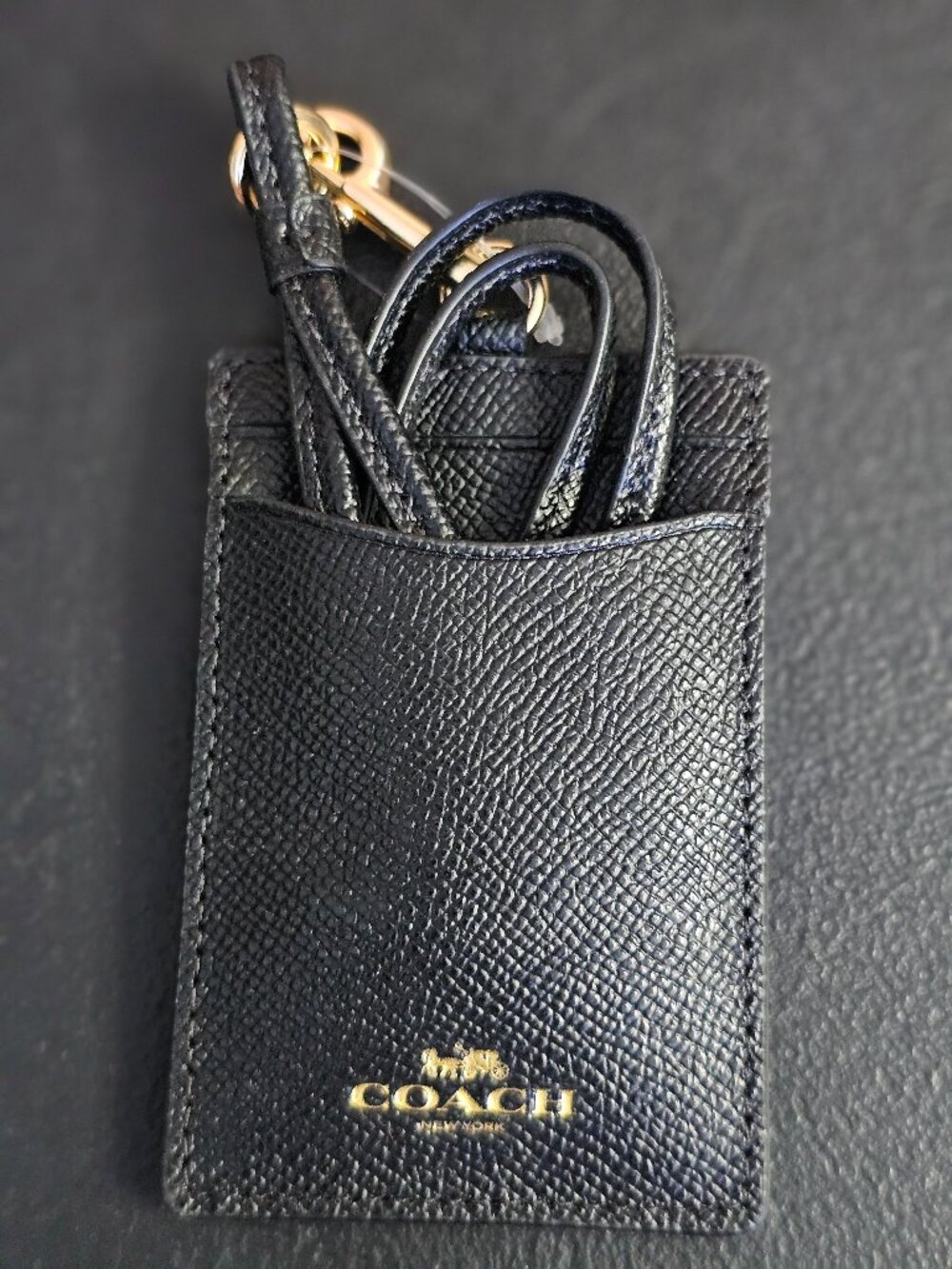 Coach 57311 ID Lanyard Black Crossgrain Leather Gold Hardware NEW